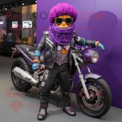 Productafbeelding van Paars Biryani mascotte REDBROKOLY kostuum karakter gekleed met een motorjack en pochetten