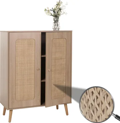 Image de Highboard HWC-M38, Commode Armoire Sideboard, compartiments de rangement, Kubu rotin bois 106x80x41cm ~ aspect chêne