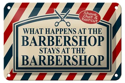 Produktbild von Blechschild Spruch 18x12cm what happens at the Barbershop