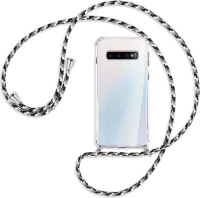 Produktbild von Handykette Backcover-Schutzhülle mit Band (Metall silberfarben) für Samsung Galaxy S10 - schwarz/grau/weiß