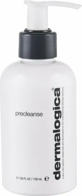 A white bottle of Dermalogica Precleanse with a black pump dispenser and black text on the bottle.