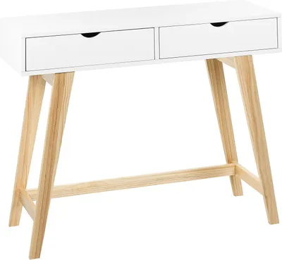 Produktbild von BELIANI Konsolentisch Weiß mit hellem Holz MDF Holzbeine 101 x 36 x 78 cm 2 Schubladen Flur, Wohnzimmer Möbel skandinavischer Stil