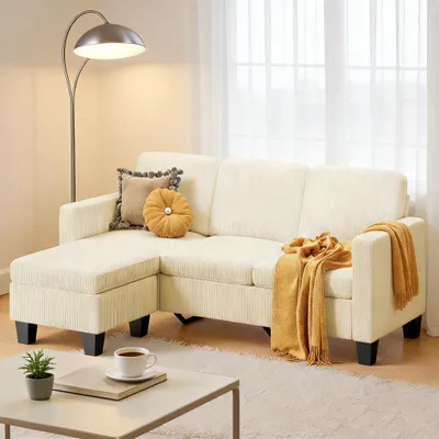 Obrázek produktu pro BEALIFE Klasická pohovka | AR93 Rohová pohovka | Čtyřmístná | Potah z manšestru | 188 x 137 x 89 cm | Bílá/tmavě šedá/světle žlutá