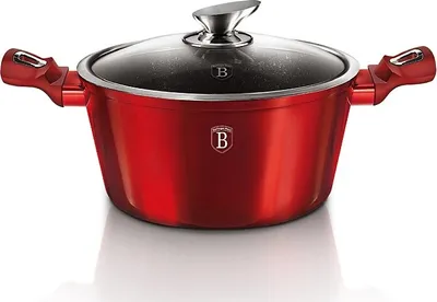A red pot with a glass lid and silver handles, shown on a white background.