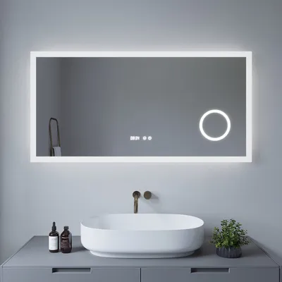 Produktbild von LED Badspiegel 120x60cm mit Beleuchtung Kaltweiß 6400K Lichtspiegel Badezimmerspiegel Wandspiegel mit Touchschalter Uhr 3-fach Lupe IP44 Memory-Funktion Dimmbar Spiegelheizung Energiesparend