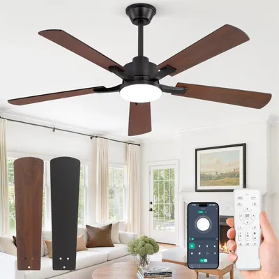 Productafbeelding van Plafondventilator met ledlicht, 132 cm, stille DC-motor, 6 snelheden, afstandsbediening en app, omkeerbare bladen, hout, zwart/walnoot, dimbaar 10-100