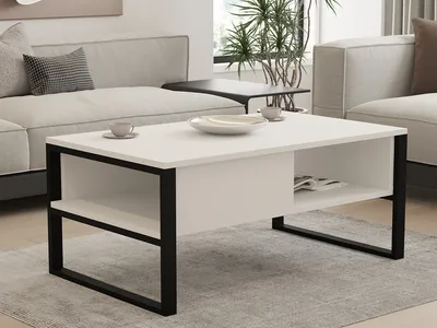 A modern living room setting with a white coffee table as the focal point.
