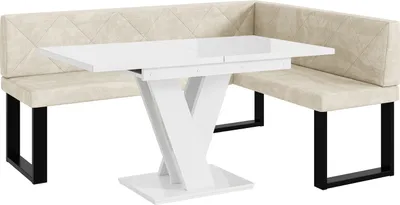 Produktbild von MEBLINI Eckbank für Esszimmer mit ausziehbarem Tisch - Küchenbank - Essecke - Sitzecke Küche - ERIC - U-Beine 128x168x87cm Rechts - Creme Samt/M Weiß Hochgl.