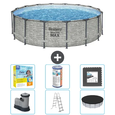 Produktbild von Bestway Round Steel Pro MAX Schwimmbad – Steindruck – 488 x 122 cm – inklusive Pumpe – Leiter – Abdeckung Wartungspaket - Filter - Bodenfliesen