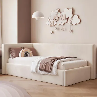 Produktbild von Eckbett Jugendbett Sampre 80x200 cm Hellbeige Links Velvet – Bettkasten, Metalllattenrost