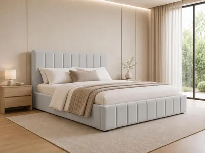 Produktbild von MOEBLO Polsterbett Bett 01 – Doppelbett mit Kopfstütze, Rahmenbettgestell, Bettkasten, Lattenrost und gepolstertem Kopfteil - 180x200 - Silver (TRINITY 32), KI-generiertes Bild