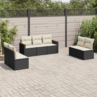 Produktbild von Design 7-tlg. Garten-Sofagarnitur mit Kissen Schwarz Poly Rattan, Gartenmöbel-Sets 2024 Neu