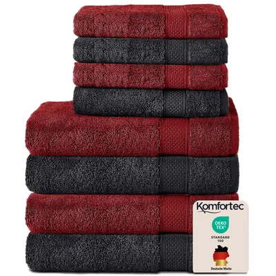 Produktbild von Komfortec 8er Handtuch Set aus 100% Baumwolle, 4 Badetücher 70x140 und 4 Handtücher 50x100 cm, Frottee, Weich, Towel, Groß, Schwarz/Aurorarot