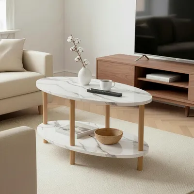 Produktbild von Beistelltisch Oval Creme Marmor Optik 2 Ablagen 70x44 cm Sofatisch Couchtisch Nachttisch (Creme-Marmor, Oval)