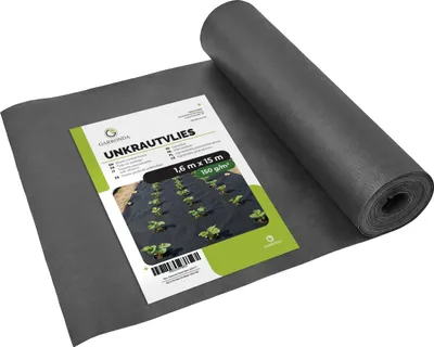 Image de Garronda Toile anti-mauvaises herbes 150 g/m² Noir 1,6 m x 15 m Perméable à l'eau Résistante aux UV Couverture de sol pour allées et surfaces pavées GD-0177