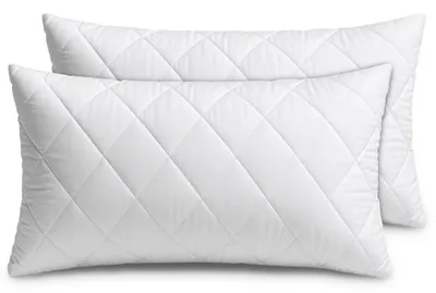 Two white quilted pillows are shown against a white background.