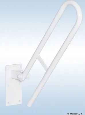 A white grab bar mounted on a white plate against a light blue and white gradient background.
