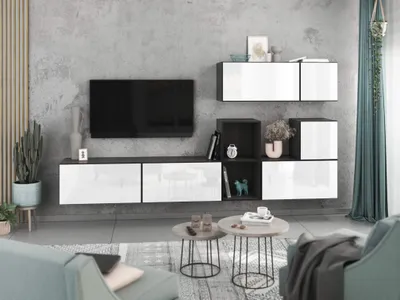 Produktbild von Wohnwand VARIANTO 1 Schrank Set 7 tlg., 266 cm, anthrazit matt / weiß Hochglanz, grifflos, stehend und hängend