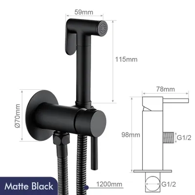 Obrázek produktu pro Ruční sprcha pro toaletu – sada pro ruční bidet – montáž na zeď – horizontální proud – hadice z nerezové oceli 304, délka 1,2 m – s nástěnným držákem – černá barva