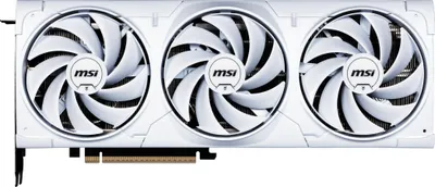 A white MSI Ventus GeForce RTX 5080 graphics card with three fans is shown against a white background.