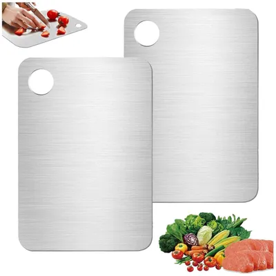 Image de Lot de 2 planches à découper en acier inoxydable, 24 cm x 15 cm, réversibles, adaptées au contact alimentaire, avec revêtement en titane renforcé, antibactériennes et antifongiques, pour la viande, les légumes et les fruits