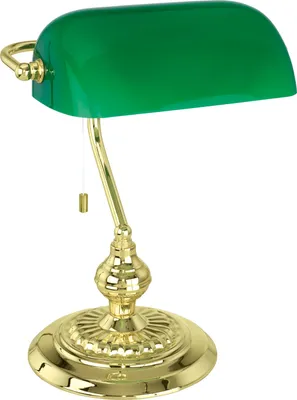 A banker's desk lamp with a green shade and a gold base, shown against a white background.