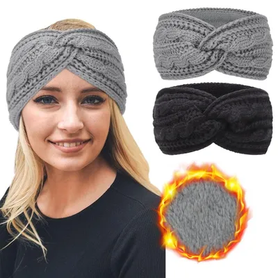 Productafbeelding van Gebreide hoofdband - Gevoerd met fleece - Dikke oorwarmer - Set van 2 stuks - Voor schaatsen, skiën en wintersport