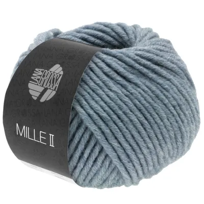 A ball of blue yarn with a black label.