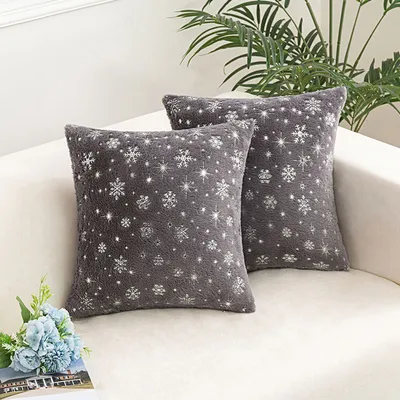 Produktbild von 2er Set Plüsch Kissenbezug 45 x 45 cm Silber Schneeflocke Dekokissen Kissenhülle für Couch Sofa Home Bett Deko, Grau