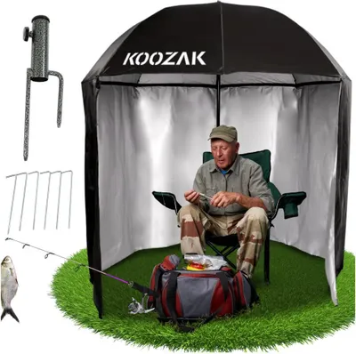 An elderly man sits in a fishing tent, preparing his fishing gear. The tent is set up on a patch of artificial grass, with fishing equipment scattered around.