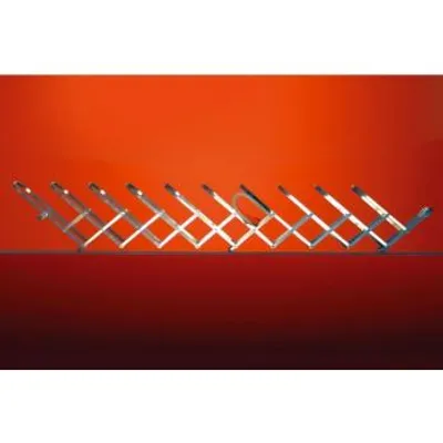 A metallic accordion-like rack is displayed horizontally against a gradient background of orange and red.
