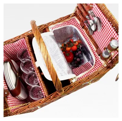 Produktbild von Picknickkorb Saint-Germain rotkariert aus dunkler Weide - Korb mit Flaschenfach - für 4 Personen