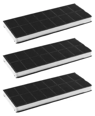 Three rectangular charcoal filters are stacked on top of each other against a white background.