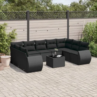 Produktbild von Design 10-tlg. Garten-Sofagarnitur mit Kissen Schwarz Poly Rattan, Gartenmöbel-Sets 2024 Neu