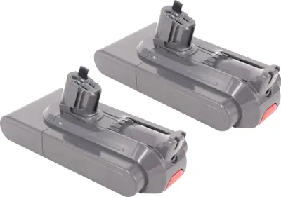 Two gray vacuum cleaner batteries with red accents are shown against a white background.