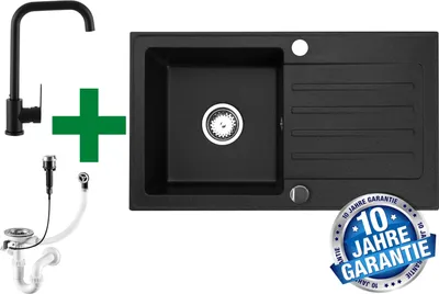 Produktbild von [Granitspüle 76x44 in verschiedenen Farben+ Armatur Steel] Hochwertig beidseitig Montierbar Küchenspüle Eckig Einbaugranitspüle Granit Spülbecken f. Unterschränke ab 45 cm inkl.Siphon Set, Farben:Schwarz Granit mit Armatur