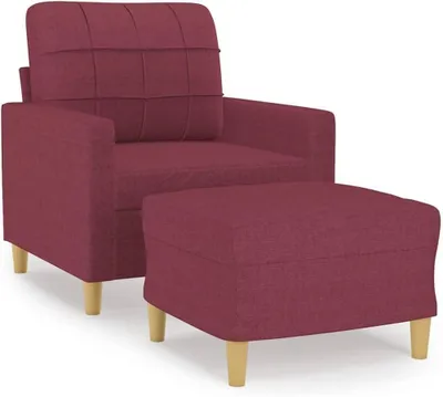 Produktbild von Weinroter Sessel mit Hocker, 60 cm, aus Stoff – bequemer Sitz mit dicker Polsterung, Armlehnen und Rückenkissen sowie stabilem Gestell aus Sperrholz und Metall