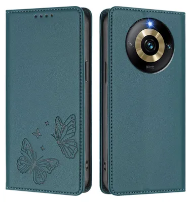 Obrázek produktu pro Kožené pouzdro pro Realme Narzo 60 Pro, motýlí ražbou, peněženkové flip pouzdro se stojánkem Zelená