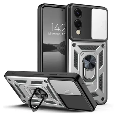 A phone case with a sliding camera cover and a ring holder, shown from multiple angles.