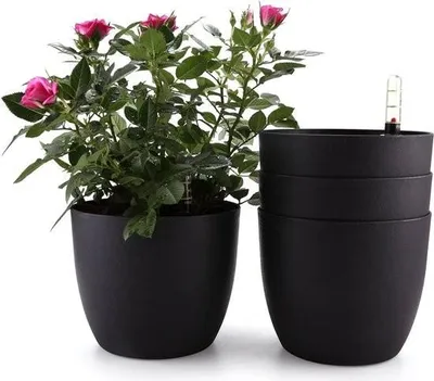 Immagine prodotto di Vaso da fiori con serbatoio d'acqua - Autoinnaffiante - Set di 4 - Nero - 15 cm