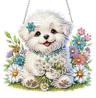 Produktbild von Diamantmalerei Hängendes Ornament Kit Welpe Blumen 5D Fensterbilder Beidseitig mit Kette 19.7x18.2cm Weiß Grün Blau