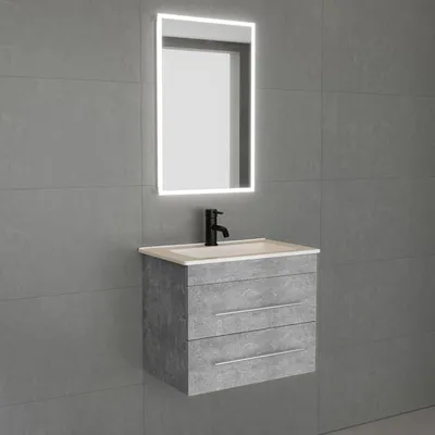 Produktbild von Alpenberger Waschtisch Gäste WC Waschbecken mit Unterschrank und Bad Spiegel mit Licht | Schrank 60 cm Breit | Waschtischunterschrank Hängend | Waschplätze Badunterschrank (Mini 600 Grau)