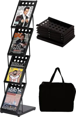 Image de Support de journaux avec 4 compartiments, pliable, avec sac de transport, noir, pour bureau et exposition