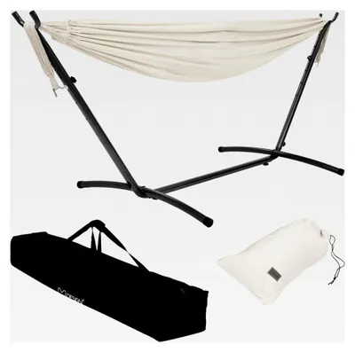 Produktbild von Doppel Hängematte mit Stahlgestell, Beige, für 2 Personen, Indoor & Outdoor, XXL Hängesessel mit Tragetasche, Hängemattengestell, für Garten & Balkon