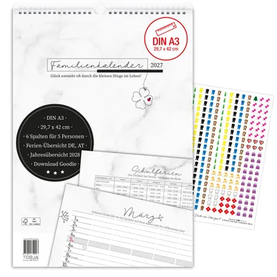 Produktbild von Familienkalender 2027 A3 Marmor — 6 Spalten, 5 Personen, 300 Sticker, Vorschau 2028