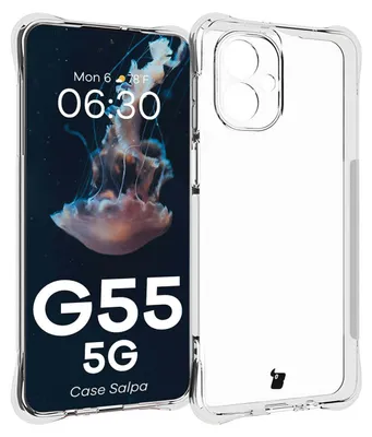 A clear phone case is shown next to a phone displaying a jellyfish wallpaper and the time.