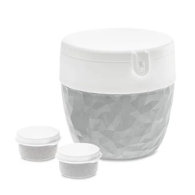 A white and gray lunchbox with two small containers in front of it, on a white background.