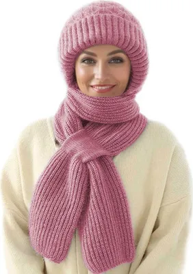 Produktbild von Winter Integrierter Gehörschutz Winddichte Mütze Schal - Damen 2-in-1 Wintermütze mit Kapuzenschal, Verdickt und Warm - Stilvolles Strickmützen-Set, Rosa