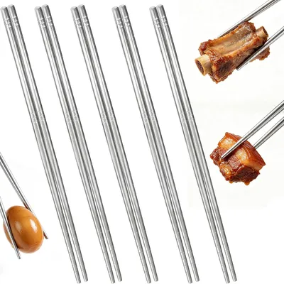Produktbild von Essstäbchen 5 Paar 23 cm große Essstäbchen aus 304-Edelstahl, wiederverwendbare, rutschfeste Essstäbchen mit 6-Ring-Design, spülmaschinenfest, ideal f