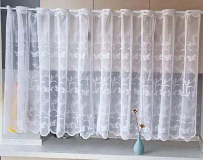 Image de Rideau en tissu Jacquard à motifs floraux, blanc, rideau de type "bistro", largeur 160 cm, hauteur 90 cm